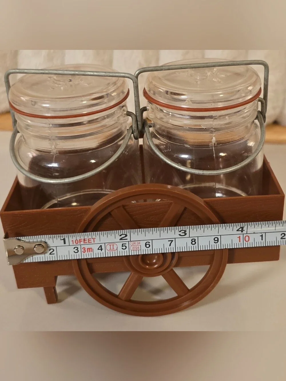 Vintage 1974 JSNY Mason Jar Salt & Pepper Shakers with Wagon Caddy Set